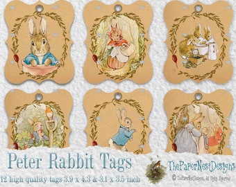 Peter Rabbit tags, 12 tags wit Beatrix Potters images, 2 sizes 3.9 x 4.3 & 3.1 x 3.5 inch, Instant Digital Download, You Print !