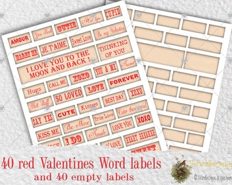 40 Red Valentine's Words, Valentine Labels, Digital printables, Scrapbook,  Valentine's Phrases, Junk Journal embellishments,
