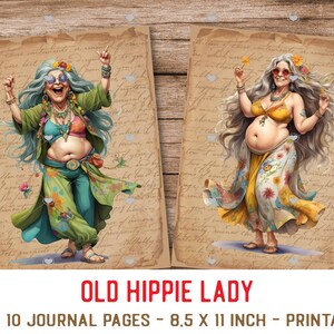 Hippie Old Lady Junk Journal Pages, Funny Old Woman, 10 Funny Old Hippie Women, Printable Papers, Instant digital download, DIY.