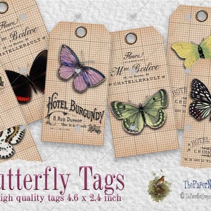 Butterfly tags, 6 Vintage Butterfly Tags, Printable gift tags, Shabby chic printable ephemera, Journal supplies, Scrapbooking, DIY, image 1