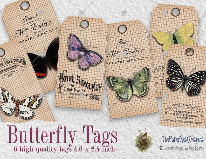 Butterfly tags, 6 Vintage Butterfly Tags, Printable gift tags, Shabby chic printable ephemera, Journal supplies, Scrapbooking, DIY, image 1