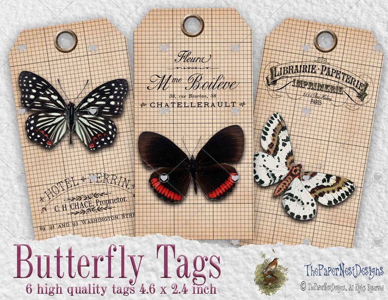 Butterfly tags, 6 Vintage Butterfly Tags, Printable gift tags, Shabby chic printable ephemera, Journal supplies, Scrapbooking, DIY, image 3