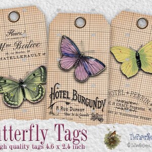 Butterfly tags, 6 Vintage Butterfly Tags, Printable gift tags, Shabby chic printable ephemera, Journal supplies, Scrapbooking, DIY, image 2