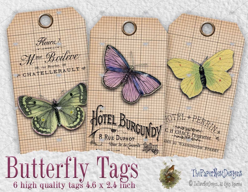 Butterfly tags, 6 Vintage Butterfly Tags, Printable gift tags, Shabby chic printable ephemera, Journal supplies, Scrapbooking, DIY, image 2