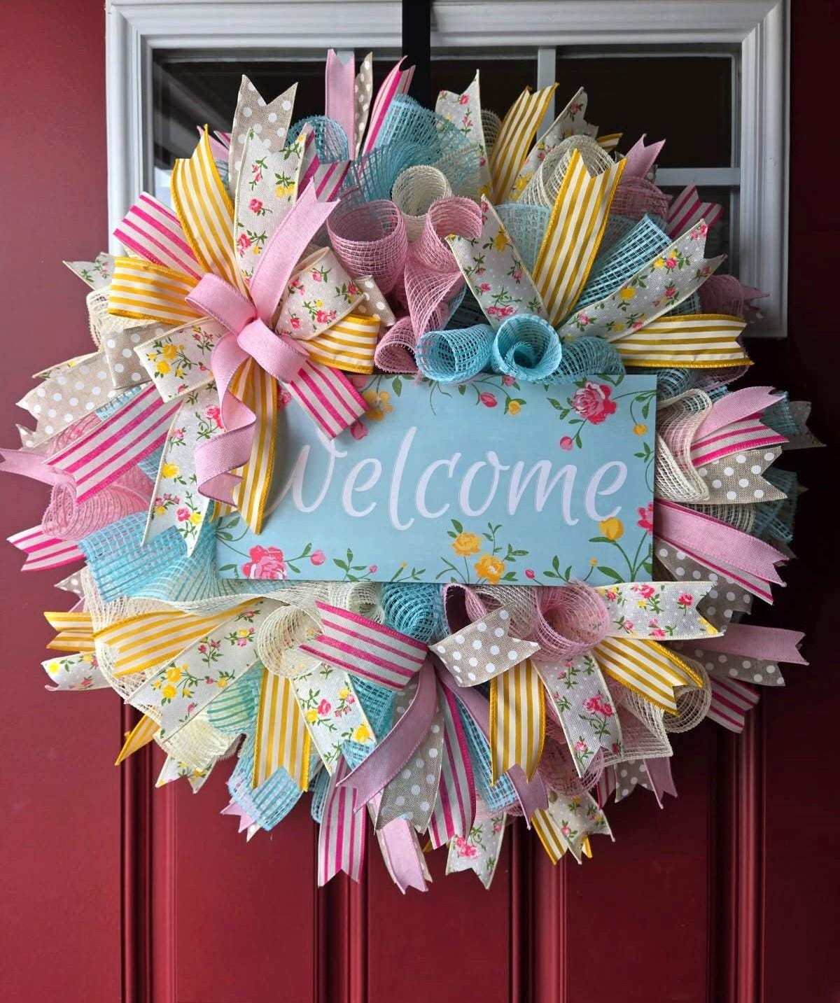 Vintage Spring Floral Wreath, Pink Yellow Blue Ivory Mesh Ribbon Wreath ...