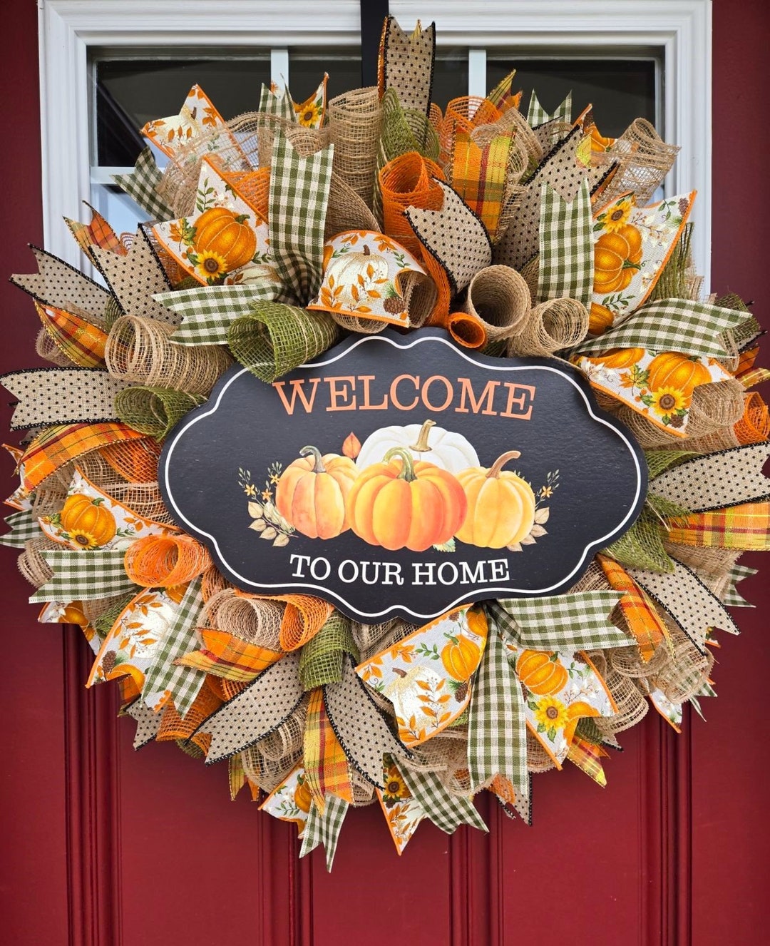 Fall Mesh Ribbon Welcome to Our Home Fall Wreath, Fall Pumpkin Sunflower Wreath ...