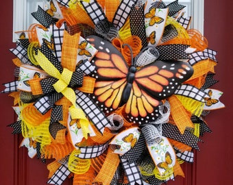 Monarch Butterfly Mesh Ribbon Wreath, Butterfly Spring Door Decor, Bright Orange Yellow Spring Wreath Bow, Front Door Porch Butterfly Wreath
