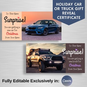 Certificado de regalo de auto para Navidad, tarjeta sorpresa para camioneta nueva, anuncio de compra de un auto para Navidad, totalmente editable en Canva
