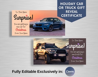 Holiday Car Gift Reveal Certificate, Surprise New Truck Card, Getting a Car for Christmas Announcement, Fully Editable in Canva