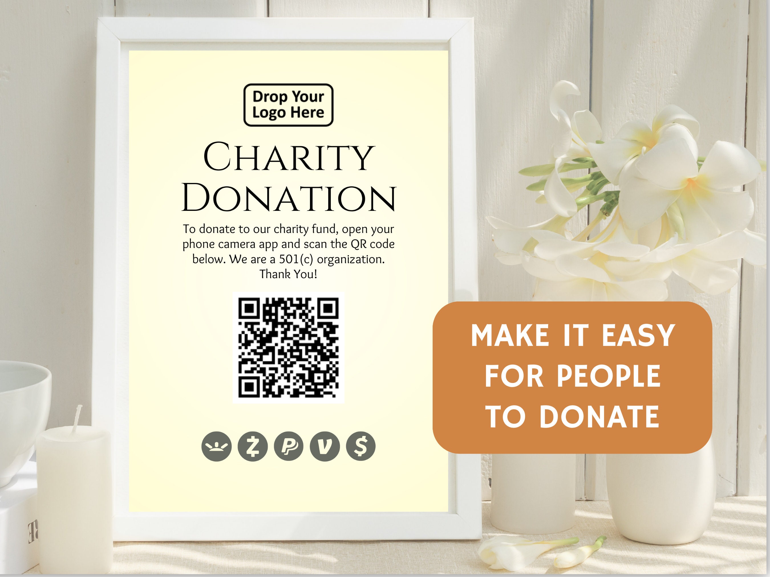 Calligraphy Monogram Charity Donation Card With QR Code in 