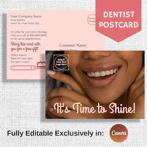 Cartolina del dentista, promemoria per appuntamento dal dentista, completamente modificabile in Canva, mailer di marketing per la pulizia dei denti, piccolo biglietto da visita
