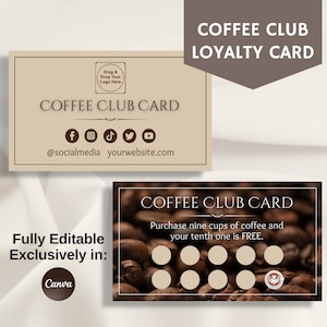 Carta fedeltà Coffee Club, modello di premi per bar, completamente modificabile esclusivamente in Canva, stampabile per piccole imprese, tessera cliente