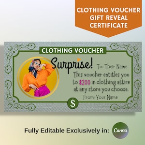 Certificado de regalo para ropa, tarjeta de regalo sorpresa para compras, totalmente editable en Canva, regalo navideño personalizado, imprimible.