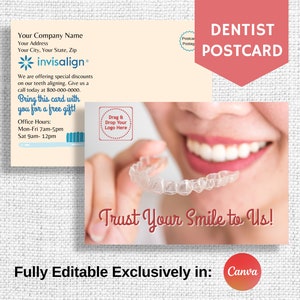 Cartolina di allineamento dei denti del dentista, mailer di marketing per piccole imprese odontoiatriche, biglietto di allineamento invisibile, promozione di raddrizzamento dei denti