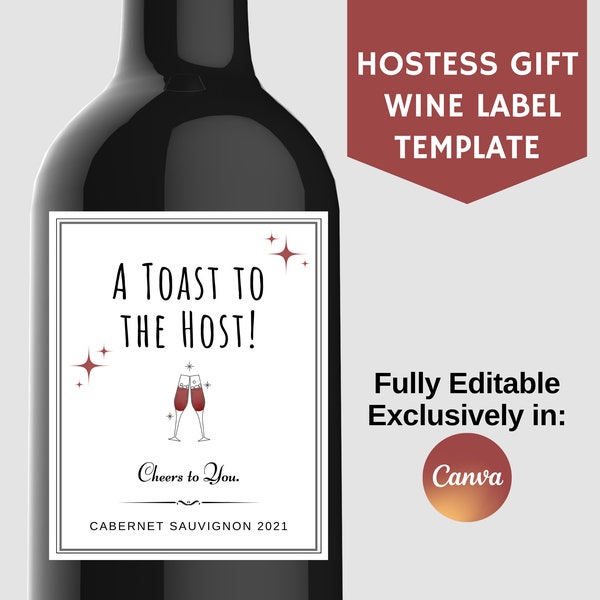 Hostess Gift Wine Bottle Label, Personalized Wine for Host, Fully Editable Template Exclusively in Canva, Party Favor, Champagne Gift Label