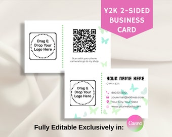 Biglietto da visita fronte/retro Y2K, con codice di scansione QR, modello completamente modificabile esclusivamente in Canva, stampabile per piccole imprese, strumenti di branding