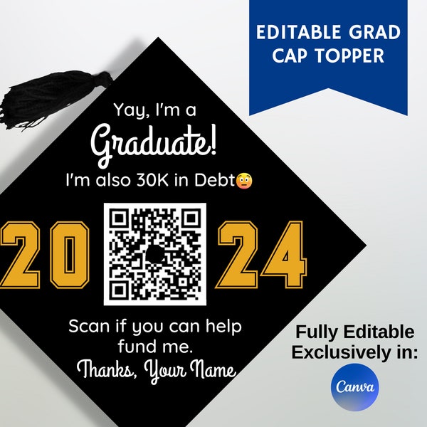 Editable Graduation Cap Topper, Humorous Go Fund Me Gift Request, Venmo PayPal Cash App QR Code Cap Sign, Fully Editable, DIY Mortar Board