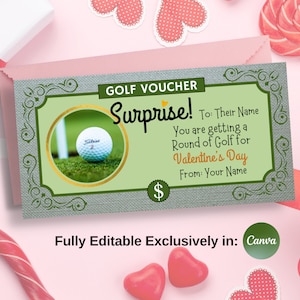 Certificado de regalo de golf, tarjeta de regalo de San Valentín, totalmente editable en Canva, regalo personalizado para una ronda de golf navideña.
