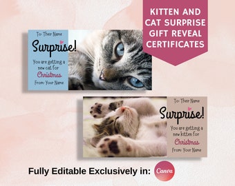 Kitten & Cat Gift Reveal Certificate, Best Christmas Holiday Gift, Surprise Gift Card, Getting Pet Cat Announcement, Fully Editable in Canva