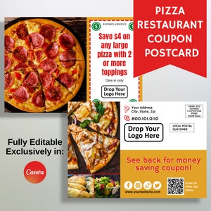 Cartão postal EDDM para restaurante de pizza, mala direta de marketing de cupom, totalmente editável no Canva, cartão frente e verso, marca para pequenas empresas para impressão