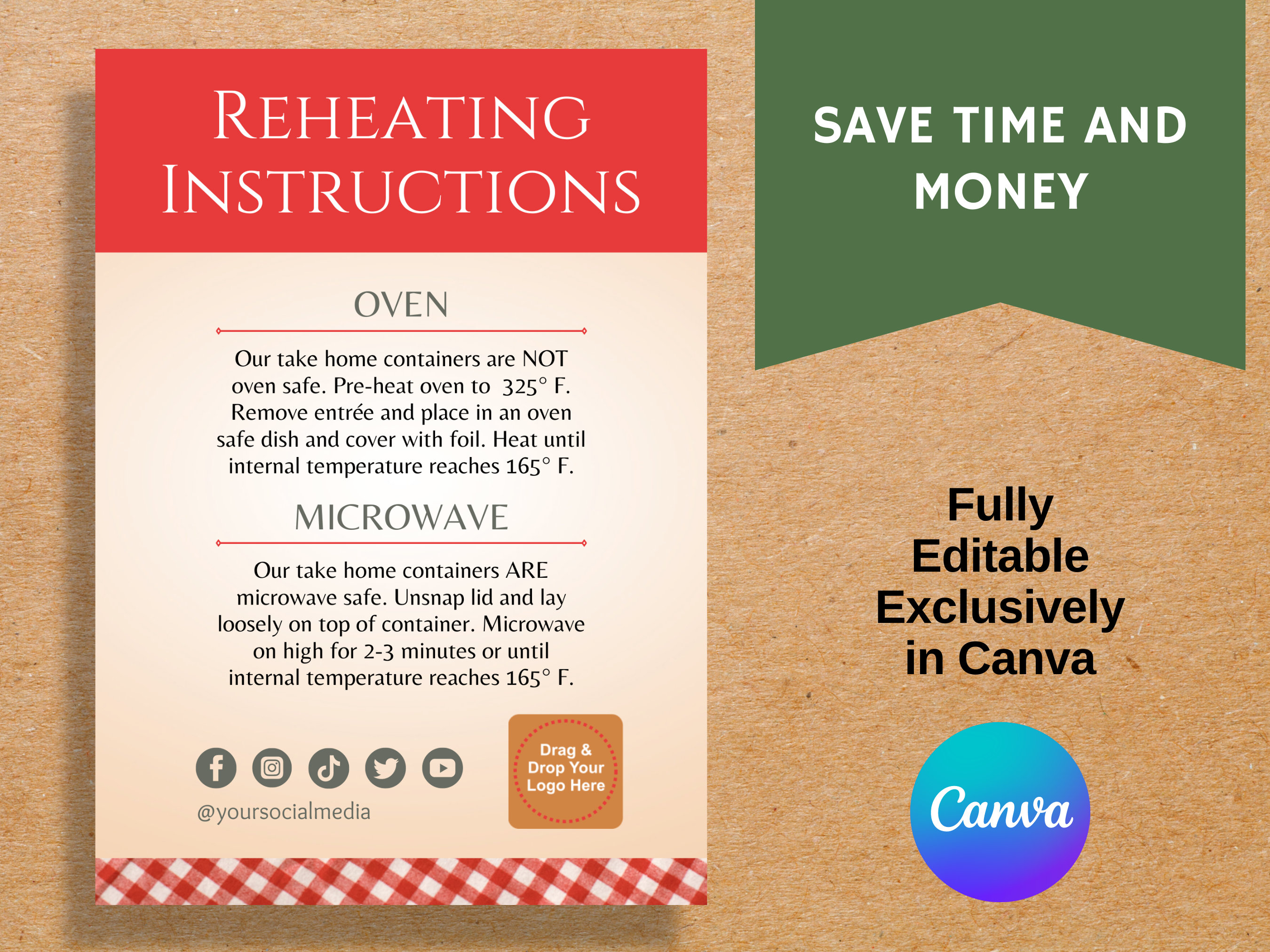 Reheating Instructions Card for Takeout Food, Fully Editable Exclusively in Canva, Foodservice