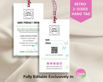 Etiqueta colgante retro de dos caras con código QR, plantilla totalmente editable, exclusiva en Canva, imprimible para pequeñas empresas, herramientas de marca.