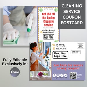Schoonmaakservice EDDM-briefkaart, couponmarketingmailer, volledig bewerkbaar in canvas, dubbelzijdige kaartsjabloon, kortingsflyer voor kleine bedrijven