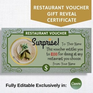 Elegante certificado de regalo para restaurante, tarjeta de regalo sorpresa para cenar, totalmente editable en Canva, regalo navideño personalizado.