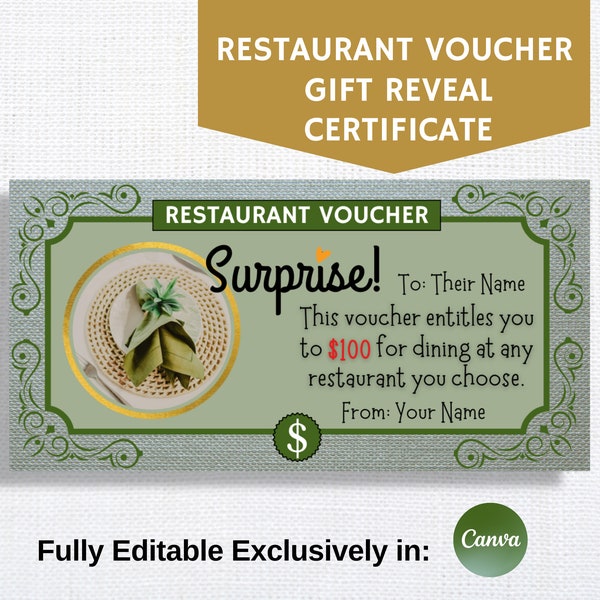 Elegant Restaurant Voucher Gift Reveal Certificate, Dining Surprise Gift Card, Fully Editable in Canva, Personalized Holiday Present
