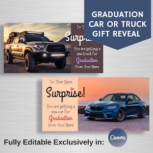 Certificat-cadeau de voiture de fin d'études, carte de camion neuf surprise, obtenir une voiture pour faire-part de fin d'études, entièrement modifiable dans Canva