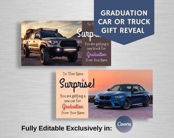 Grad Car Gift Reveal Certificate, Surprise New Truck Card, Getting a Car for Graduation Announcement, Fully Editable in Canva