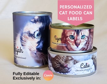 Gepersonaliseerd kattenvoeretiket, uniek huisdiercadeau, volledig bewerkbare sjabloon in canvas, kitten aanwezig, direct digitaal afdrukbaar
