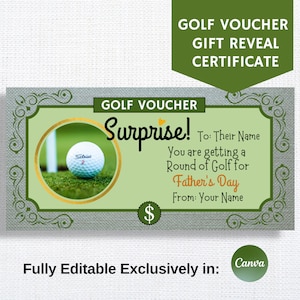 Golf-Gutschein Geschenkoffenlegungszertifikat, Vatertagsgeschenkkarte, vollständig bearbeitbar in Canva, personalisierte Golfrunde Geschenk für Papa, druckbar