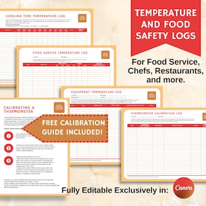 Può includere: Cinque registri di sicurezza alimentare stampabili per ristoranti e aziende di servizi alimentari. I registri includono: Registro di temperatura di raffreddamento, Registro di temperatura del servizio alimentare, Registro di temperatura delle attrezzature, Registro di taratura del termometro e una guida per la taratura di un termometro. I registri sono completamente modificabili in Canva.