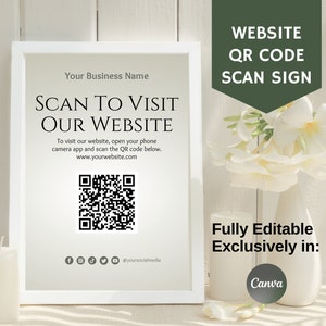 May include: A white framed sign with the text "SCAN TO VISIT OUR WEBSITE" and a QR code. The sign is on a white wooden surface with white flowers in a vase. The text "WEBSITE QR CODE SCAN SIGN" is in a green box above the sign. The text "Fully Editable Exclusively in: Canva" is below the sign.