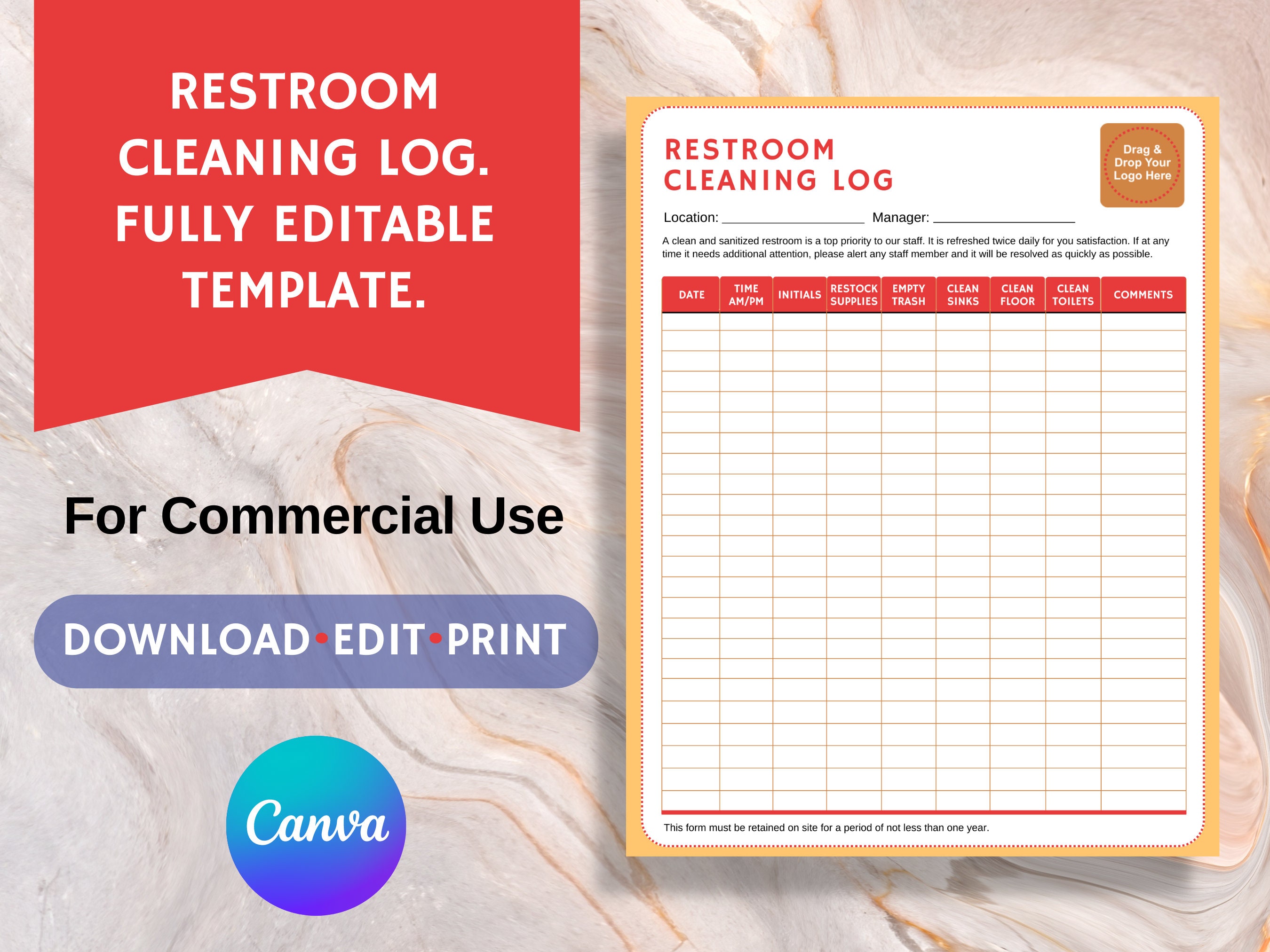 Restroom Cleaning Log Commercial Bathroom Template Fully Etsy