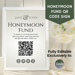 Skanningsskylt för QR-kod för smekmånadsfond, Venmo PayPal Cash-app Zelle-donationer, helt redigerbar i Canva, pengagåvor för bröllopspar, semester