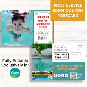Pool Service EDDM Coupon Postkarte, Marketing-Mailer, vollständig bearbeitbar in Canva, 2-seitige Karte, druckbare Rabatt-Flyervorlage für kleine Unternehmen