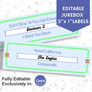 Editable Retro Jukebox Labels, Song and Artist Label, Customize with Your Music Playlist, Fully Edit in Canva, For Home Diner Bar Restaurant