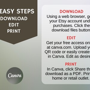 May include: A graphic with three easy steps to download, edit, and print a QR code using Canva. The steps are: Download the file from Etsy, edit the QR code in Canva, and print the QR code as a PDF.