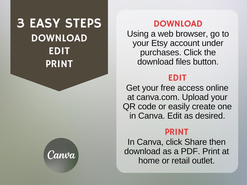 May include: A graphic with three easy steps to download, edit, and print a QR code using Canva. The steps are: Download the file from Etsy, edit the QR code in Canva, and print the QR code as a PDF.
