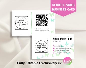 Tarjeta de presentación retro de dos caras con código QR, imprimible para pequeñas empresas, herramientas de marca, plantilla totalmente editable, exclusiva en Canva.
