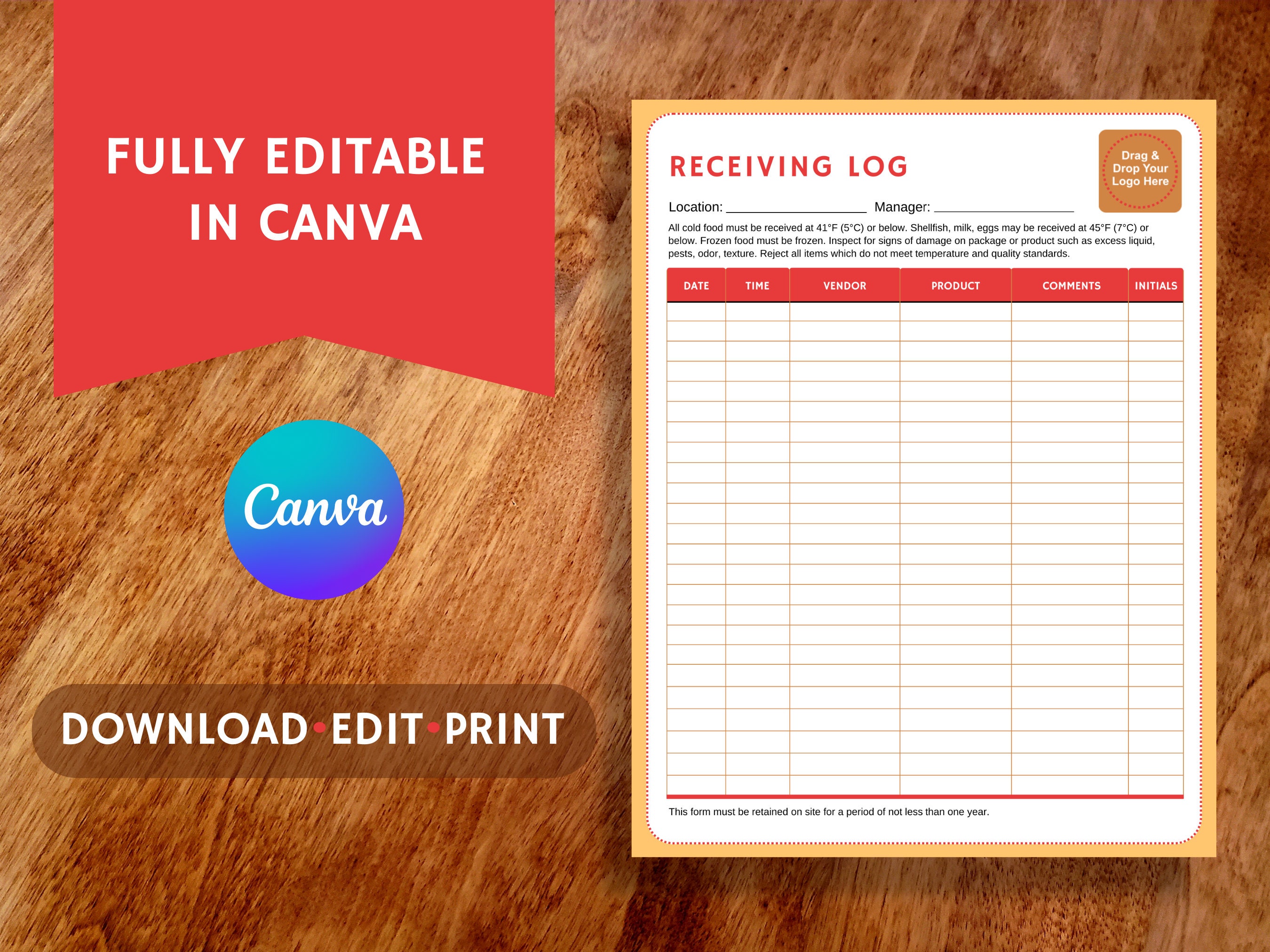 Receiving Log for Food Service, Restaurant Business Form, Food Quality ...