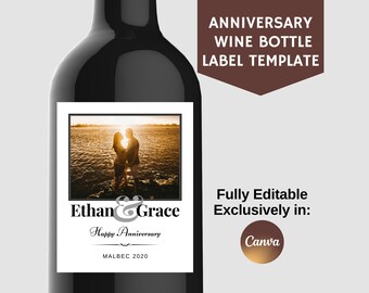 May include: A printable wine bottle label template featuring a couple silhouetted against a sunset. The label is white with black text that reads "Ethan & Grace Happy Anniversary MALBEC 2020".