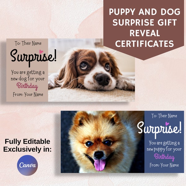 Puppy & Dog Gift Reveal Certificate, Surprise Gift Card, Getting a pet Dog Announcement, Fully Editable in Canva, Birthday, Holiday Gift