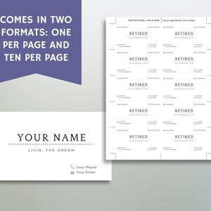 Puede incluir: Plantilla de tarjeta de visita imprimible con el texto "RETIRED" repetido diez veces sobre un fondo blanco. La plantilla est&aacute; dise&ntilde;ada para ser recortada y utilizada como tarjetas de visita. El texto "COMES IN TWO FORMATS: ONE PER PAGE AND TEN PER PAGE" es visible en la parte superior de la imagen.