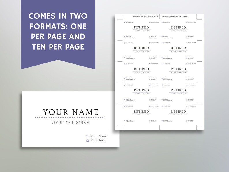 Puede incluir: Plantilla de tarjeta de visita imprimible con el texto "RETIRED" repetido diez veces sobre un fondo blanco. La plantilla est&aacute; dise&ntilde;ada para ser recortada y utilizada como tarjetas de visita. El texto "COMES IN TWO FORMATS: ONE PER PAGE AND TEN PER PAGE" es visible en la parte superior de la imagen.