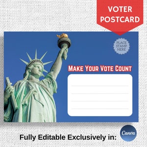 May include: A blue and white postcard with a picture of the Statue of Liberty. The postcard has the text "Make Your Vote Count" and a space for a stamp.