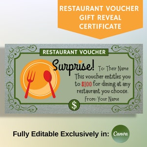 Restaurantvoucher cadeaubon, verrassingscadeaukaart dineren, volledig bewerkbaar in canvas, gepersonaliseerd vakantiecadeau, instant print