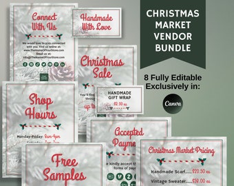 May include: Eight customizable Christmas market vendor signs with a wintery background. The signs include text such as "Connect With Us", "Handmade With Love", "Christmas Sale", "Shop Hours", "Free Samples", "Handmade Gift Wrap", "Accepted Payments", and "Christmas Market Pricing".